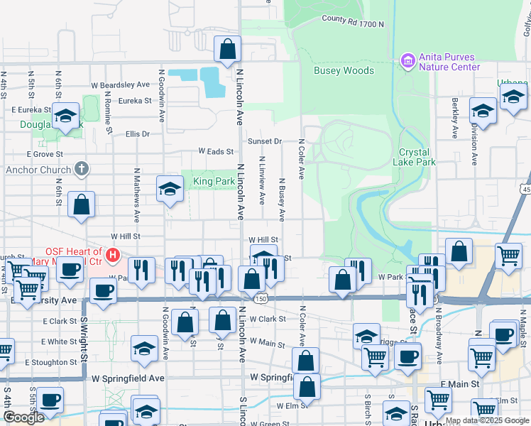 map of restaurants, bars, coffee shops, grocery stores, and more near 904 North Linview Avenue in Urbana