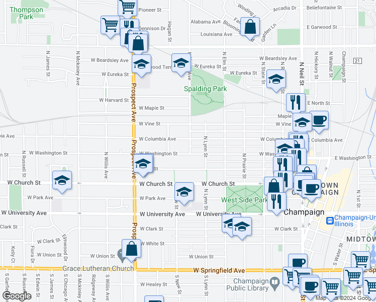 map of restaurants, bars, coffee shops, grocery stores, and more near 708 West Washington Street in Champaign