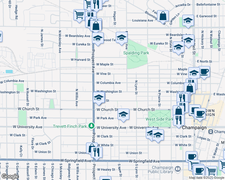 map of restaurants, bars, coffee shops, grocery stores, and more near 806 West Washington Street in Champaign