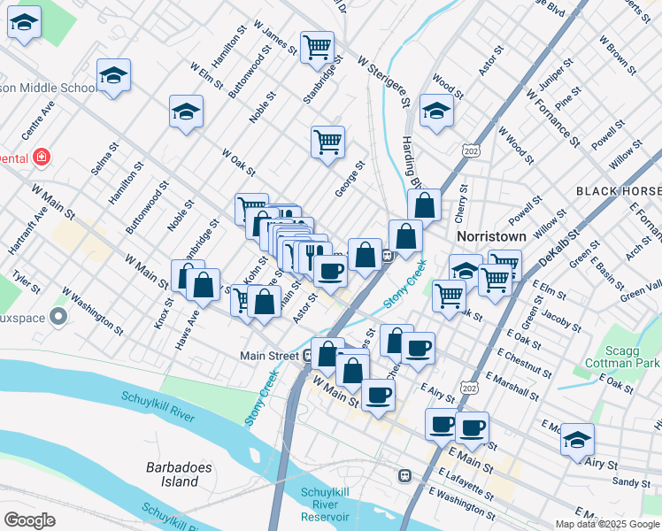 map of restaurants, bars, coffee shops, grocery stores, and more near 631 Astor Street in Norristown