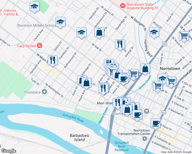 map of restaurants, bars, coffee shops, grocery stores, and more near 524 Haws Avenue in Norristown