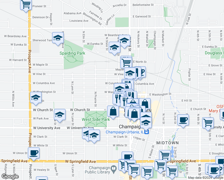 map of restaurants, bars, coffee shops, grocery stores, and more near 208 West Washington Street in Champaign
