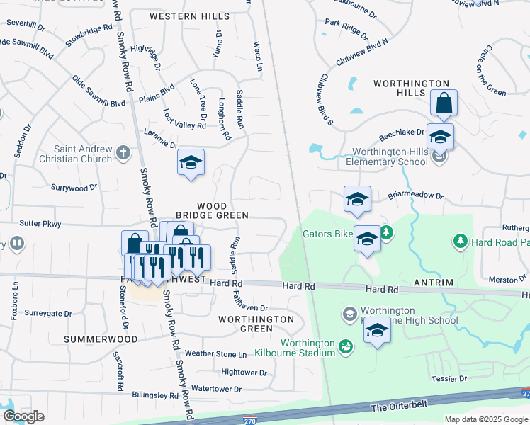 map of restaurants, bars, coffee shops, grocery stores, and more near 1704 Woodbluff Drive in Powell