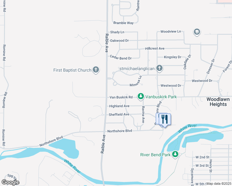 map of restaurants, bars, coffee shops, grocery stores, and more near 2416 Van Buskirk Road in Anderson