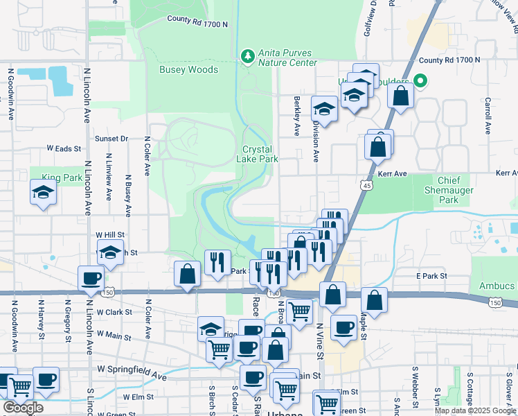 map of restaurants, bars, coffee shops, grocery stores, and more near 111 Franklin Street in Urbana