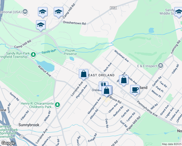 map of restaurants, bars, coffee shops, grocery stores, and more near 24 Ronald Circle in Oreland