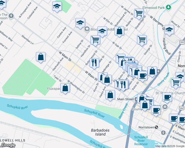 map of restaurants, bars, coffee shops, grocery stores, and more near 929 West Main Street in Norristown