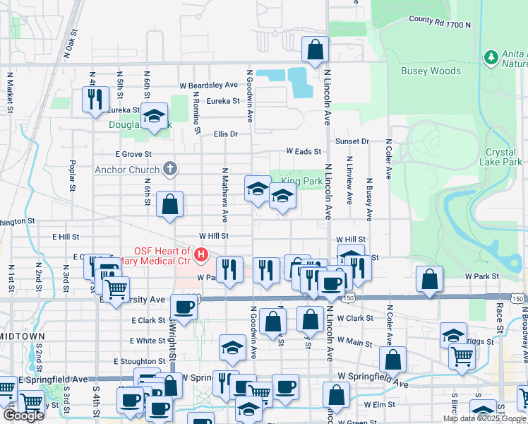 map of restaurants, bars, coffee shops, grocery stores, and more near 1108 Fairview Avenue in Urbana