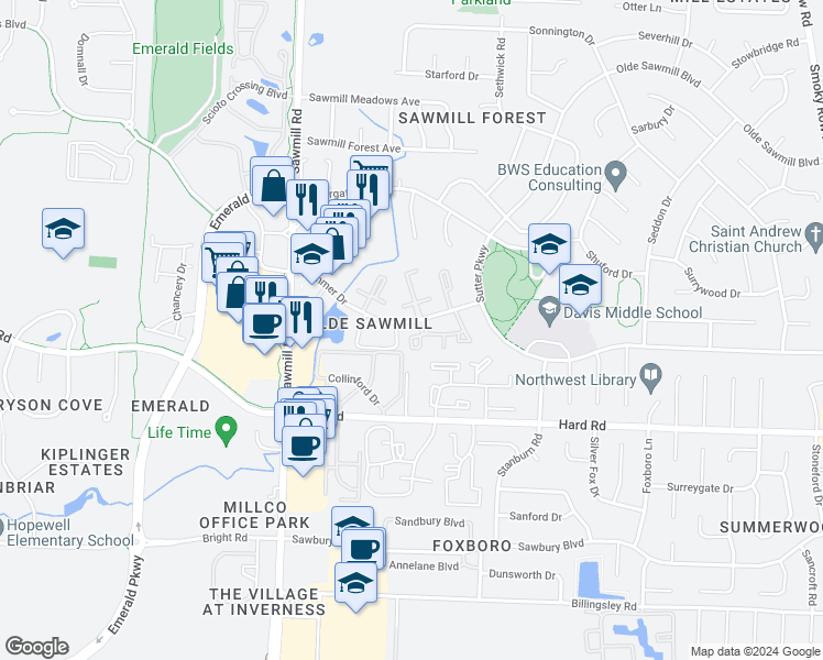 map of restaurants, bars, coffee shops, grocery stores, and more near 7551 Sawmill Commons Lane in Dublin