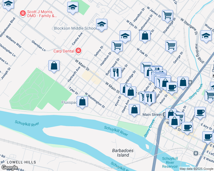 map of restaurants, bars, coffee shops, grocery stores, and more near 1010 West Main Street in Norristown
