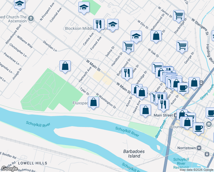 map of restaurants, bars, coffee shops, grocery stores, and more near 324 Buttonwood Street in Norristown