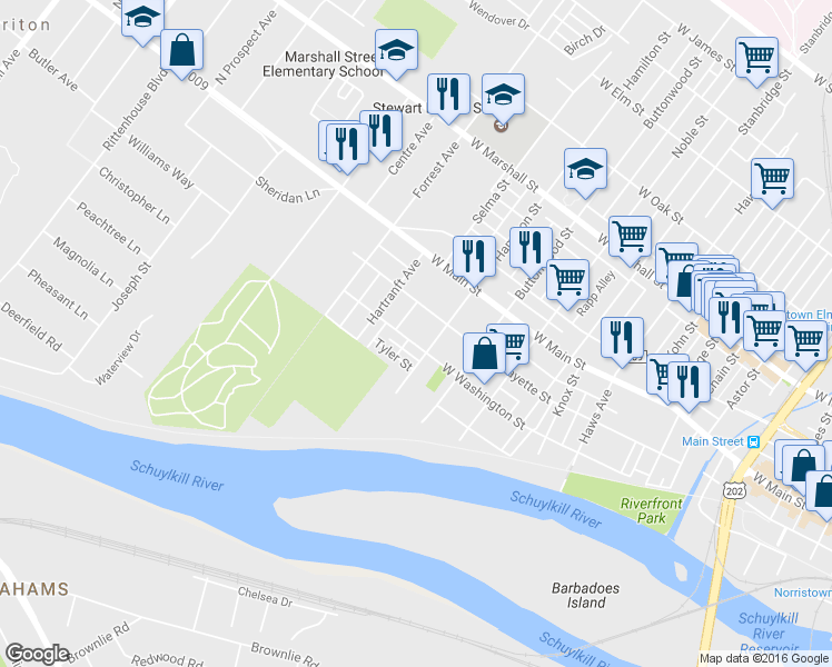 map of restaurants, bars, coffee shops, grocery stores, and more near 1215 West Washington Street in Norristown