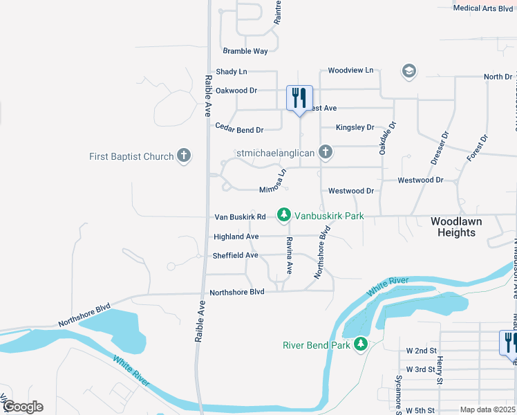 map of restaurants, bars, coffee shops, grocery stores, and more near 2304 Van Buskirk Road in Anderson
