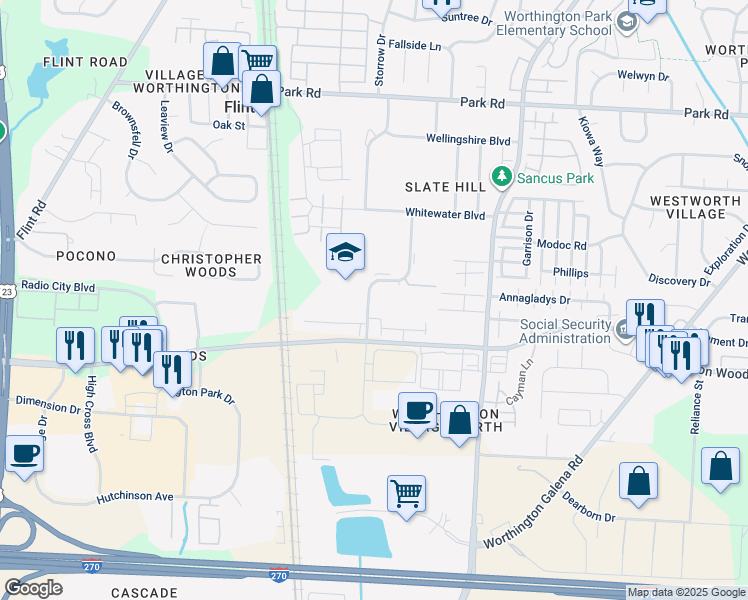 map of restaurants, bars, coffee shops, grocery stores, and more near 614 Alta View Court in Columbus