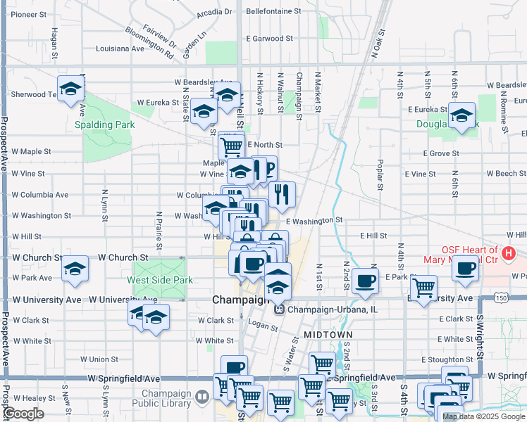 map of restaurants, bars, coffee shops, grocery stores, and more near 512 North Hickory Street in Champaign