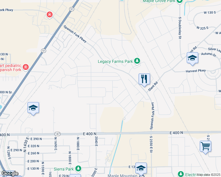 map of restaurants, bars, coffee shops, grocery stores, and more near 829 Spring Lane in Spanish Fork