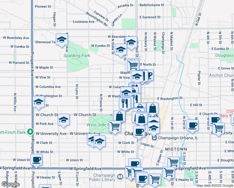 map of restaurants, bars, coffee shops, grocery stores, and more near 210 West Washington Street in Champaign