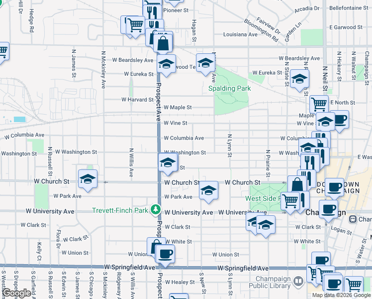 map of restaurants, bars, coffee shops, grocery stores, and more near 806 West Washington Street in Champaign
