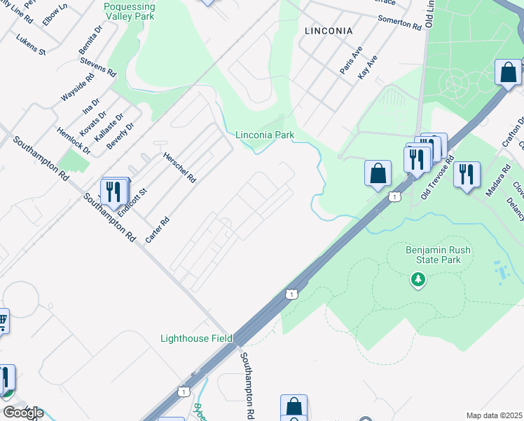 map of restaurants, bars, coffee shops, grocery stores, and more near 15117 Sunflower Drive in Philadelphia