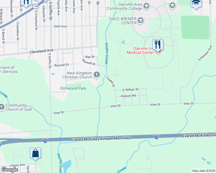 map of restaurants, bars, coffee shops, grocery stores, and more near 427 Love Street in Danville