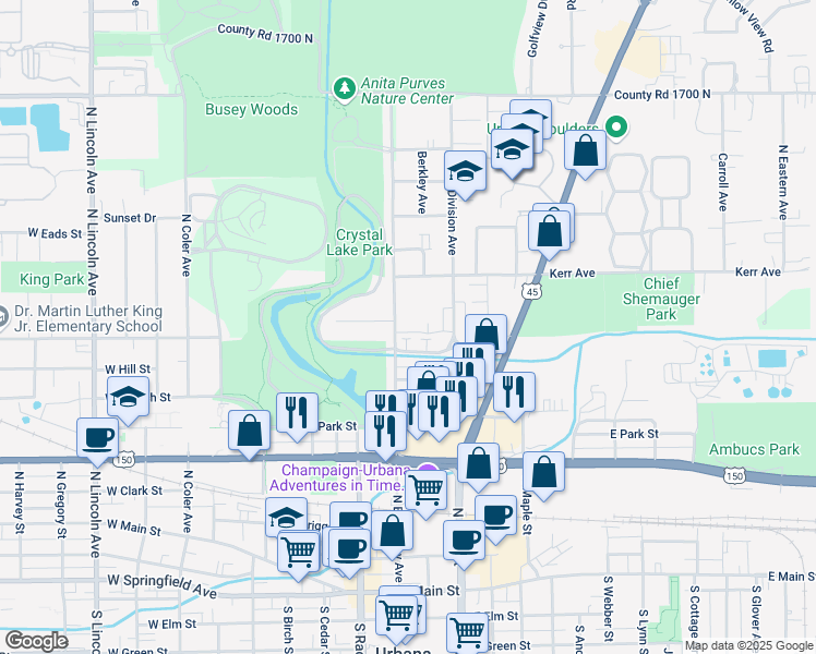 map of restaurants, bars, coffee shops, grocery stores, and more near 904 North Broadway Avenue in Urbana