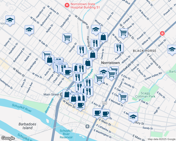 map of restaurants, bars, coffee shops, grocery stores, and more near 714 Markley Street in Norristown