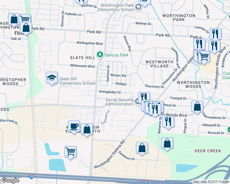 map of restaurants, bars, coffee shops, grocery stores, and more near Annagladys Drive in Columbus