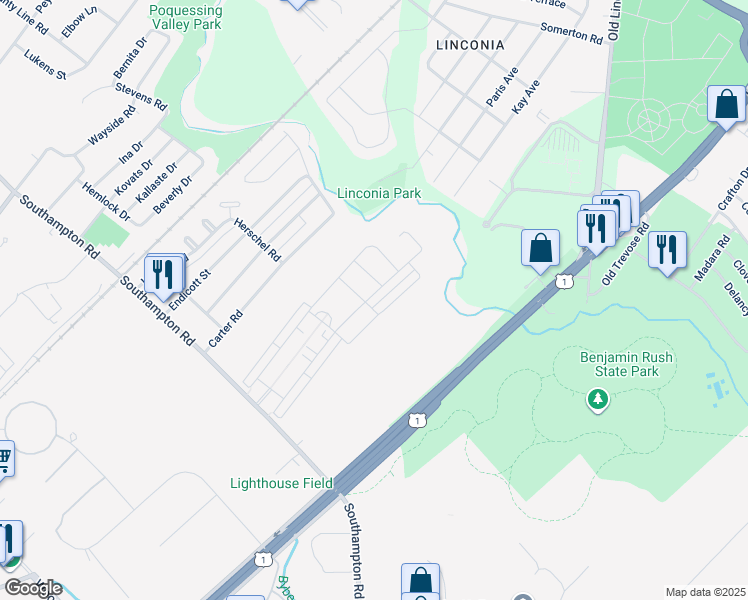 map of restaurants, bars, coffee shops, grocery stores, and more near 15117 Sunflower Drive in Philadelphia