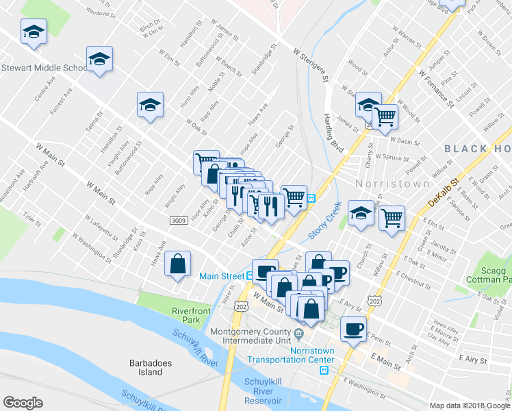 map of restaurants, bars, coffee shops, grocery stores, and more near 620 Chain Street in Norristown