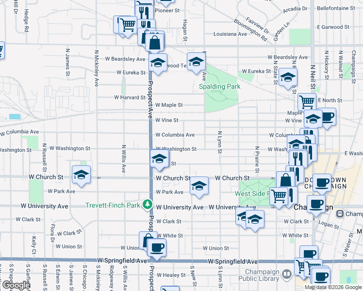 map of restaurants, bars, coffee shops, grocery stores, and more near 806 West Washington Street in Champaign