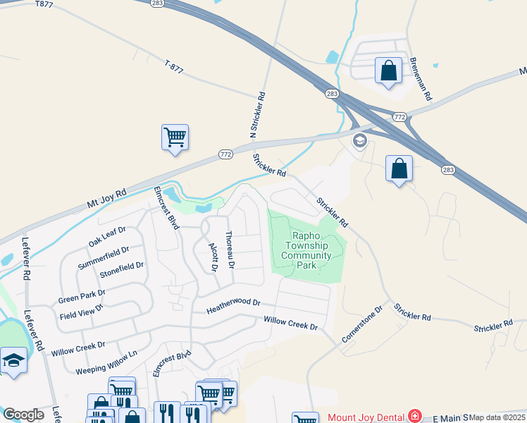 map of restaurants, bars, coffee shops, grocery stores, and more near 1542 Emerson Drive in Mount Joy