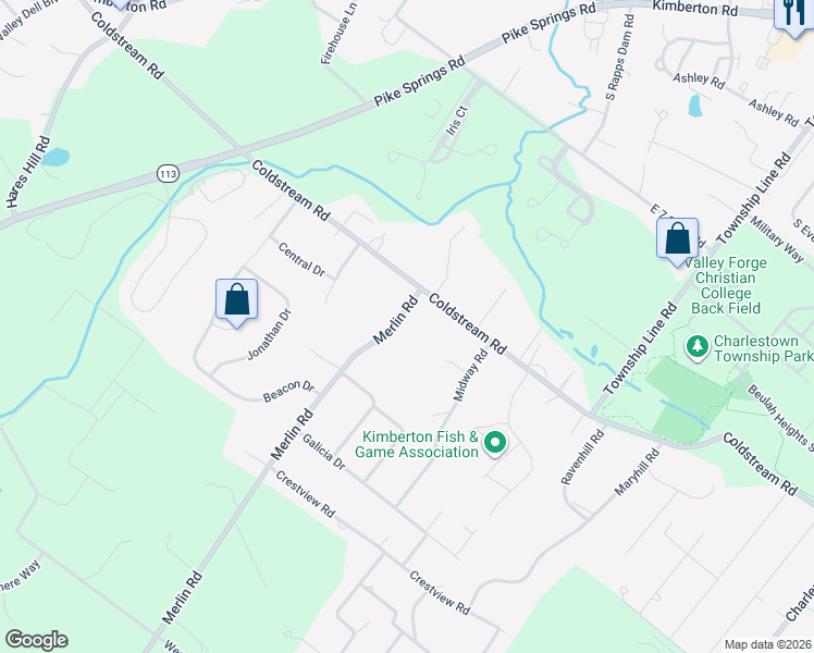 map of restaurants, bars, coffee shops, grocery stores, and more near 108 Merlin Road in Phoenixville