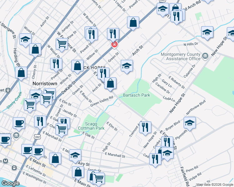 map of restaurants, bars, coffee shops, grocery stores, and more near 417 East Fornance Street in Norristown