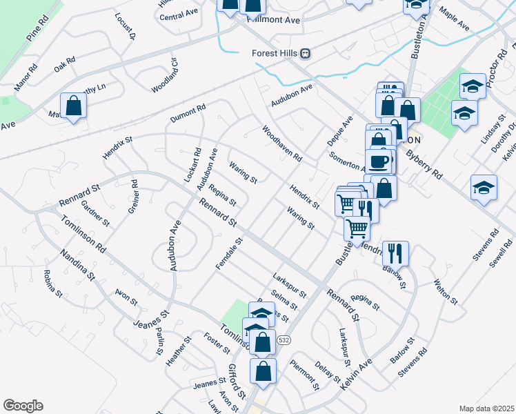 map of restaurants, bars, coffee shops, grocery stores, and more near 11720 Ferndale Street in Philadelphia
