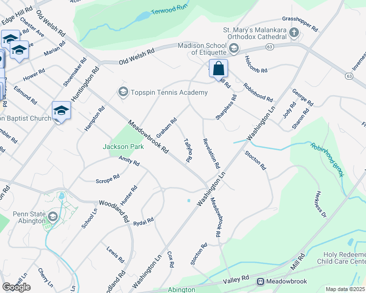 map of restaurants, bars, coffee shops, grocery stores, and more near 1444 Tallyho Road in Meadowbrook