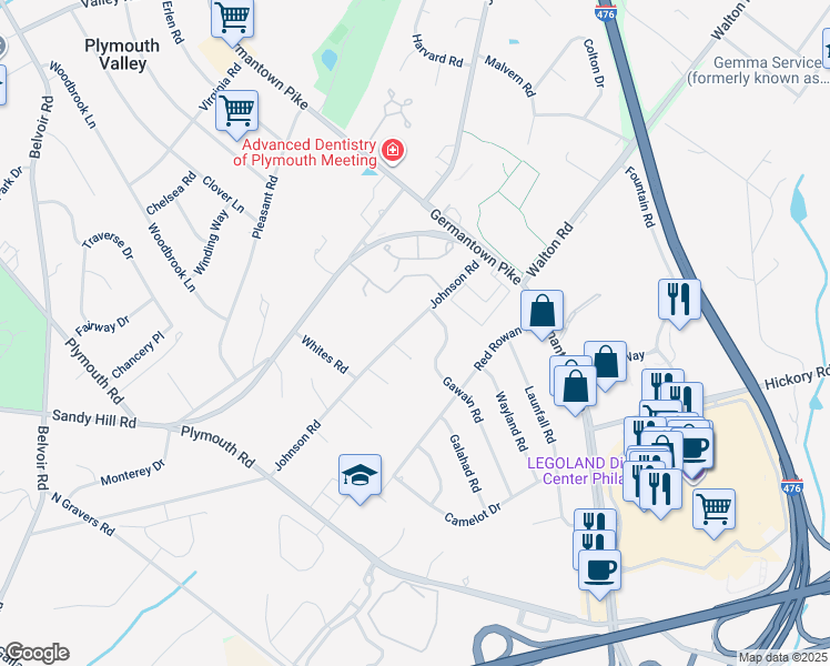 map of restaurants, bars, coffee shops, grocery stores, and more near 1922 Johnson Road in Plymouth Meeting