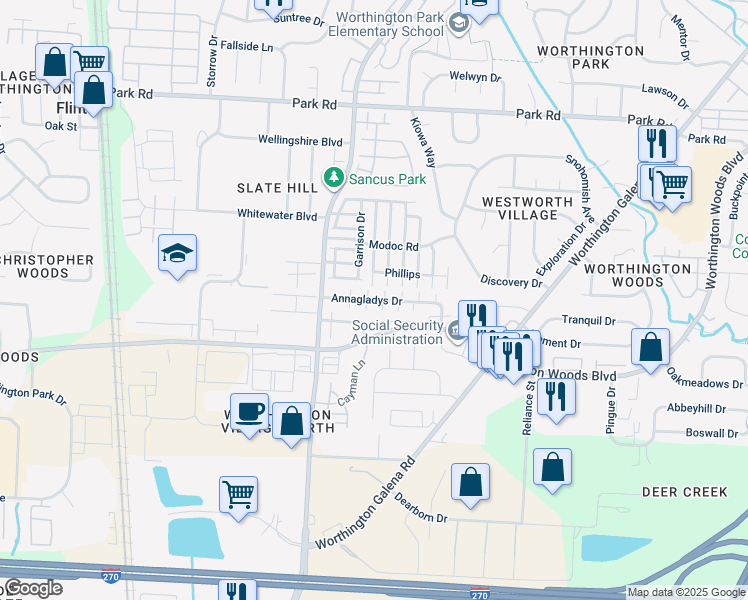 map of restaurants, bars, coffee shops, grocery stores, and more near Annagladys Drive in Columbus