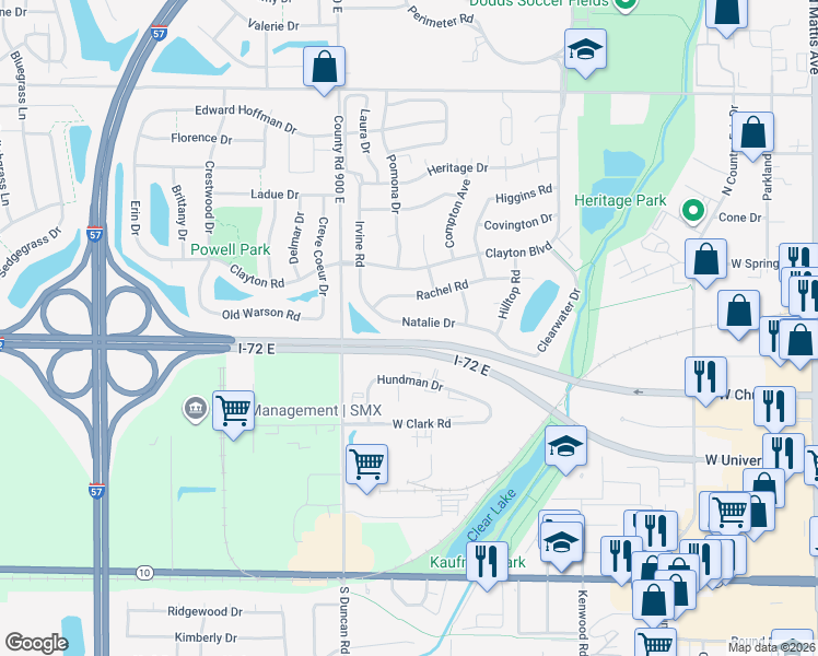 map of restaurants, bars, coffee shops, grocery stores, and more near 2815 Natalie Drive in Champaign