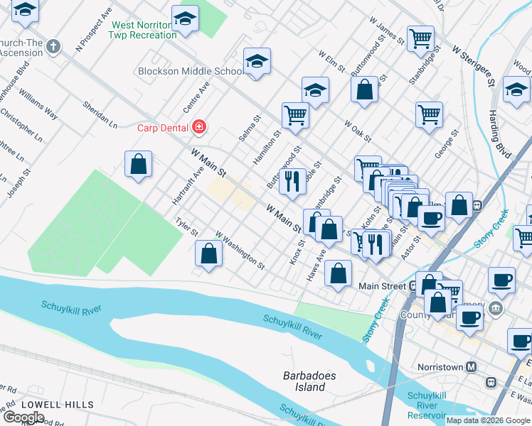 map of restaurants, bars, coffee shops, grocery stores, and more near 1016 West Main Street in Norristown
