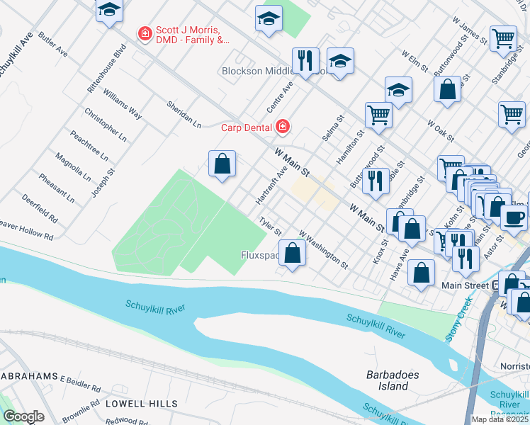 map of restaurants, bars, coffee shops, grocery stores, and more near 1238 West Washington Street in Norristown
