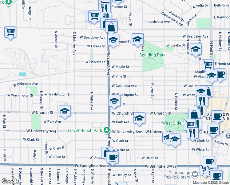 map of restaurants, bars, coffee shops, grocery stores, and more near 502 North Prospect Avenue in Champaign
