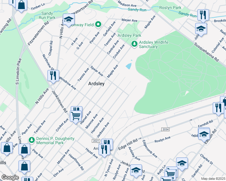 map of restaurants, bars, coffee shops, grocery stores, and more near 766 Monroe Avenue in Glenside