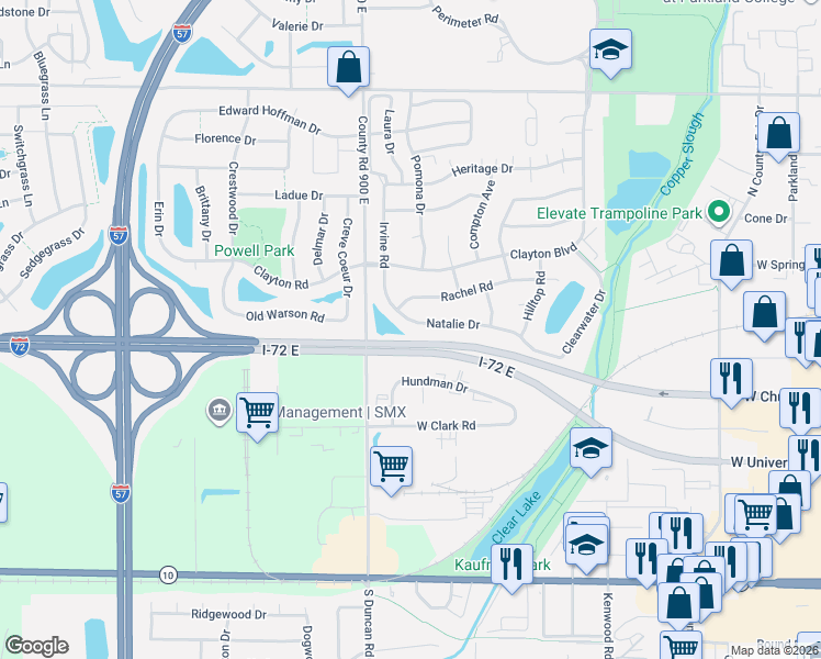 map of restaurants, bars, coffee shops, grocery stores, and more near 2911 Natalie Drive in Champaign