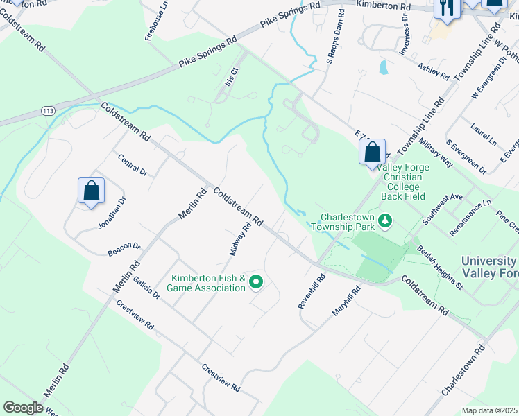 map of restaurants, bars, coffee shops, grocery stores, and more near 135 Coldstream Road in Phoenixville