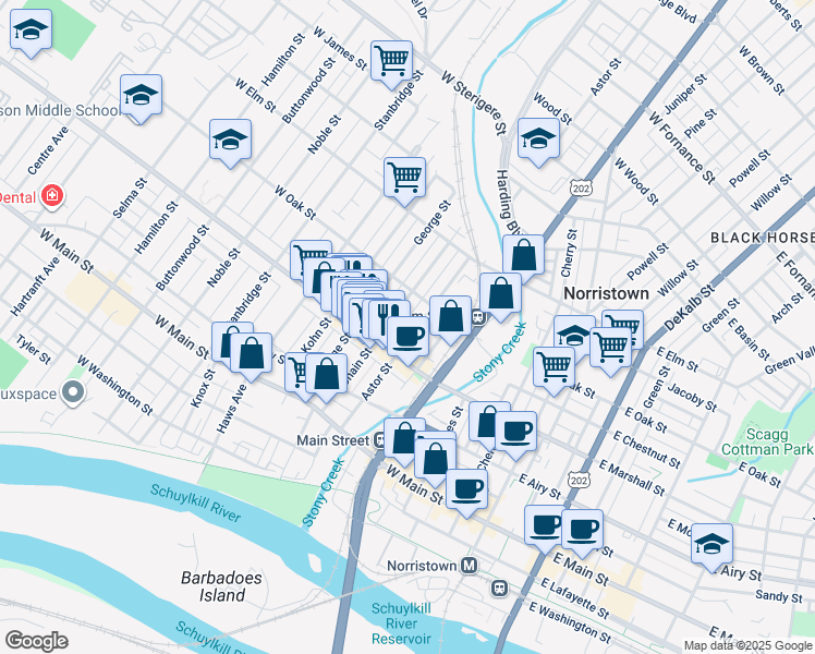 map of restaurants, bars, coffee shops, grocery stores, and more near 633 Astor Street in Norristown