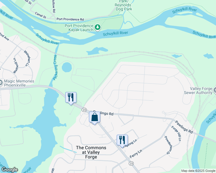 map of restaurants, bars, coffee shops, grocery stores, and more near 156 Picket Post Lane in Phoenixville