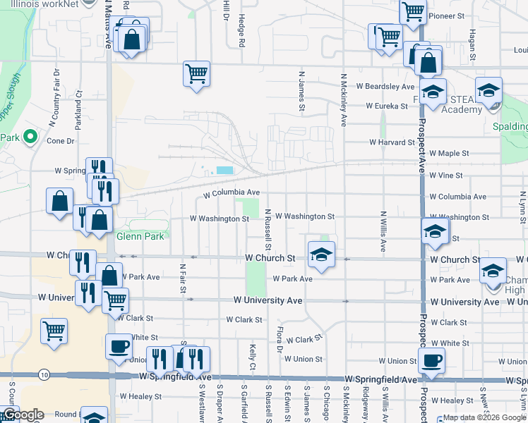 map of restaurants, bars, coffee shops, grocery stores, and more near 503 North Russell Street in Champaign