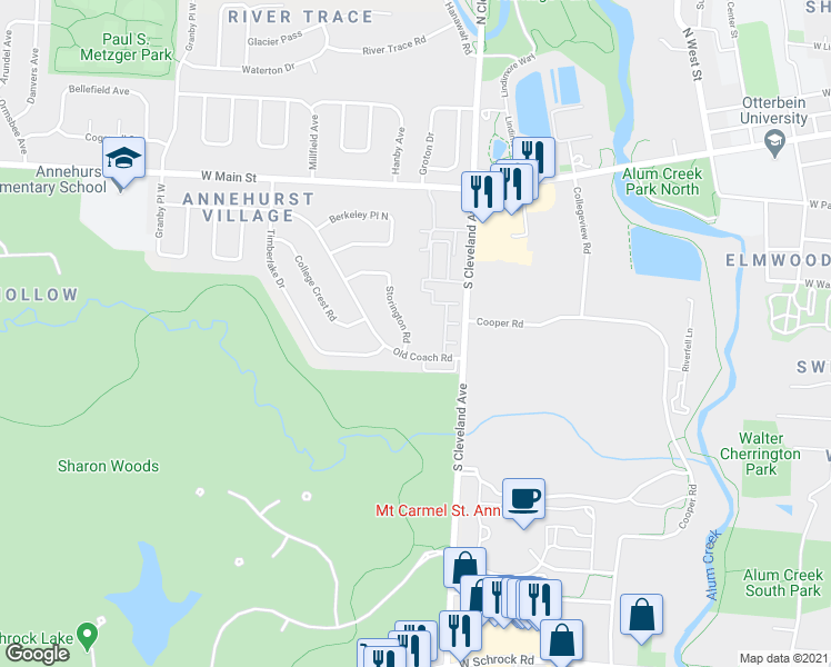 map of restaurants, bars, coffee shops, grocery stores, and more near 188 Storington Rd in Westerville
