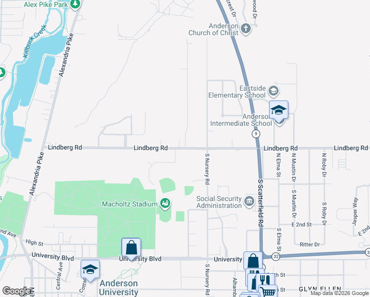 map of restaurants, bars, coffee shops, grocery stores, and more near 1611 Lindberg Road in Anderson