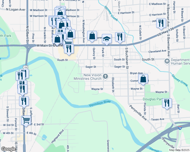 map of restaurants, bars, coffee shops, grocery stores, and more near 400-498 Bryan Avenue in Danville